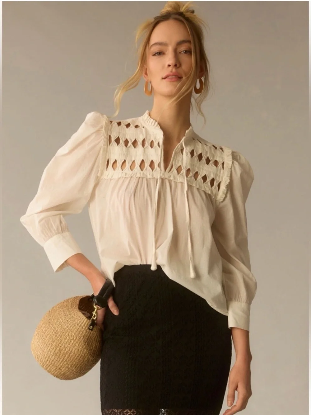 Anthropologie Self Contrast Cream White Crochet Yoke romantic capsule Blouse XS
